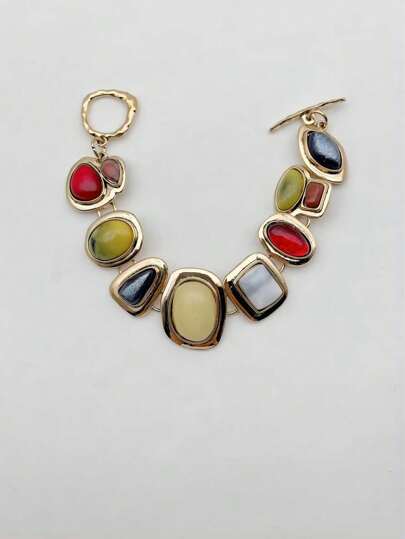 1pc European And American Retro Style Zinc Alloy Inlaid Multicolor Geometric Resin Gemstones Simple And High-End Vintage Bracelet, Suitable For Women, Casual And Vacation, Memorial Day Gift