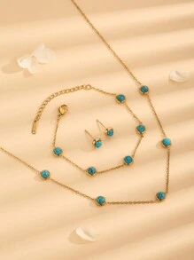 4pcs Vintage Style Elegant Round Turquoise Decor Stainless Steel Necklace, Beaded Bracelet, Pendant Necklace, Earrings 18K Gold Plated Fashion Jewelry Set, Suitable For Daily Wear - Jewelry Set - View 2