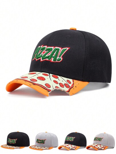 1pc Men's Fashion Able PIZZA Embroidery Hip Hop Baseball Cap With Letter Embroidery, Adjustable, For Outdoor Casual Wear, Spring/Autumn, Traveling Or Beach Vacation