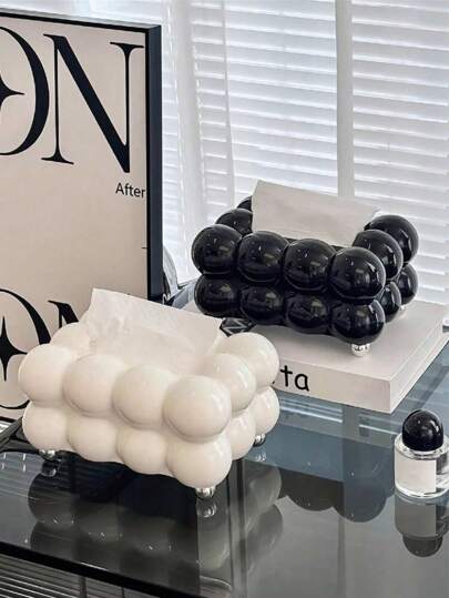 1pc Plastic Tissue Box For Dining Table Decoration, Modern Design Living Room Desktop Decor Paper Napkin Dispenser, Cute White & Black Plastic Tissue Organizer For Home And Hotelhome Decor,School Supplies