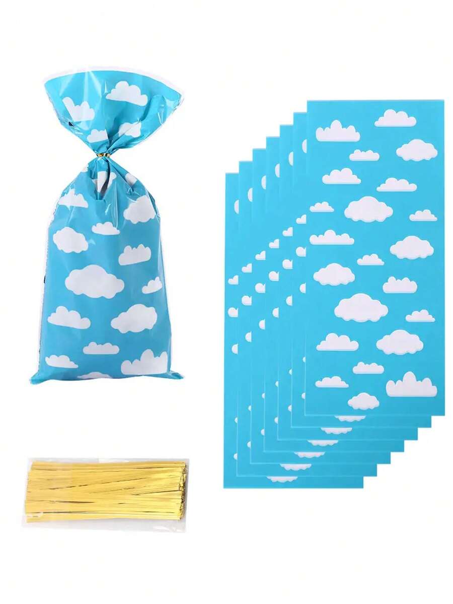30入組藍天白雲卡通故事雲印刷藍色禮品袋，塑料糖果和餅乾包裝袋，適用於客人生日派對紀念日裝飾 - 多色 - 查看 1