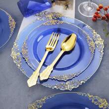 25 piezas Platos transparentes de 7.5 pulgadas/10.25 pulgadas con borde azul y dorado, reutilizables y aptos para lavavajillas, adecuados para reuniones familiares, fiestas, actividades al aire libre, eventos de trabajo en equipo, regalo de Navidad