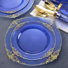 25 piezas Platos transparentes de 7.5 pulgadas/10.25 pulgadas con borde azul y dorado, reutilizables y aptos para lavavajillas, adecuados para reuniones familiares, fiestas, actividades al aire libre, eventos de trabajo en equipo, regalo de Navidad