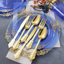 25 piezas Platos transparentes de 7.5 pulgadas/10.25 pulgadas con borde azul y dorado, reutilizables y aptos para lavavajillas, adecuados para reuniones familiares, fiestas, actividades al aire libre, eventos de trabajo en equipo, regalo de Navidad