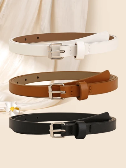 3pcs/Set Silver Square Buckle Women's Fashionable Versatile Decorative Waist Belt Summer, School Fall, Autumn, Halloween