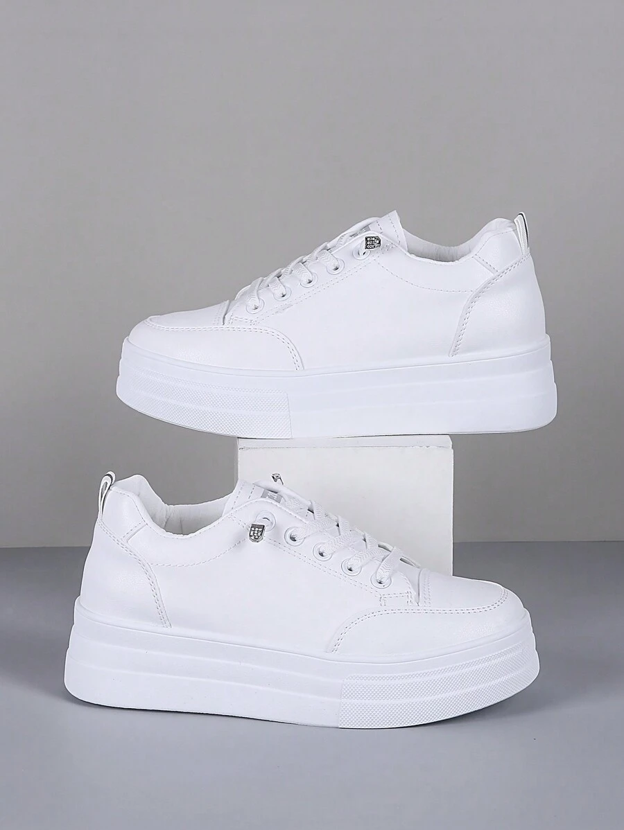 Outdoor Round Toe Elastic Casual Thick Sole  White Sneakers - White - View 1