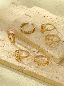 6件套不锈钢金色时尚铰链手镯，6种不同形状，适合日常佩戴或作为礼物 - 金黃色 - 查看 2