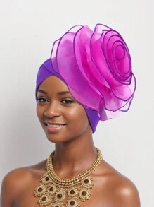 1pc Ladies' New European And American Fashion Comfortable & Elegant Large Flower Statement Cap With Heavy Work, Wrapped Headscarf/African Turban Hat Valentine's Day Valentines Sleep Bonnet - Organza Big Flower - View 8