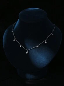 1 件银色水滴流苏项链，女士锆石闪亮颈链