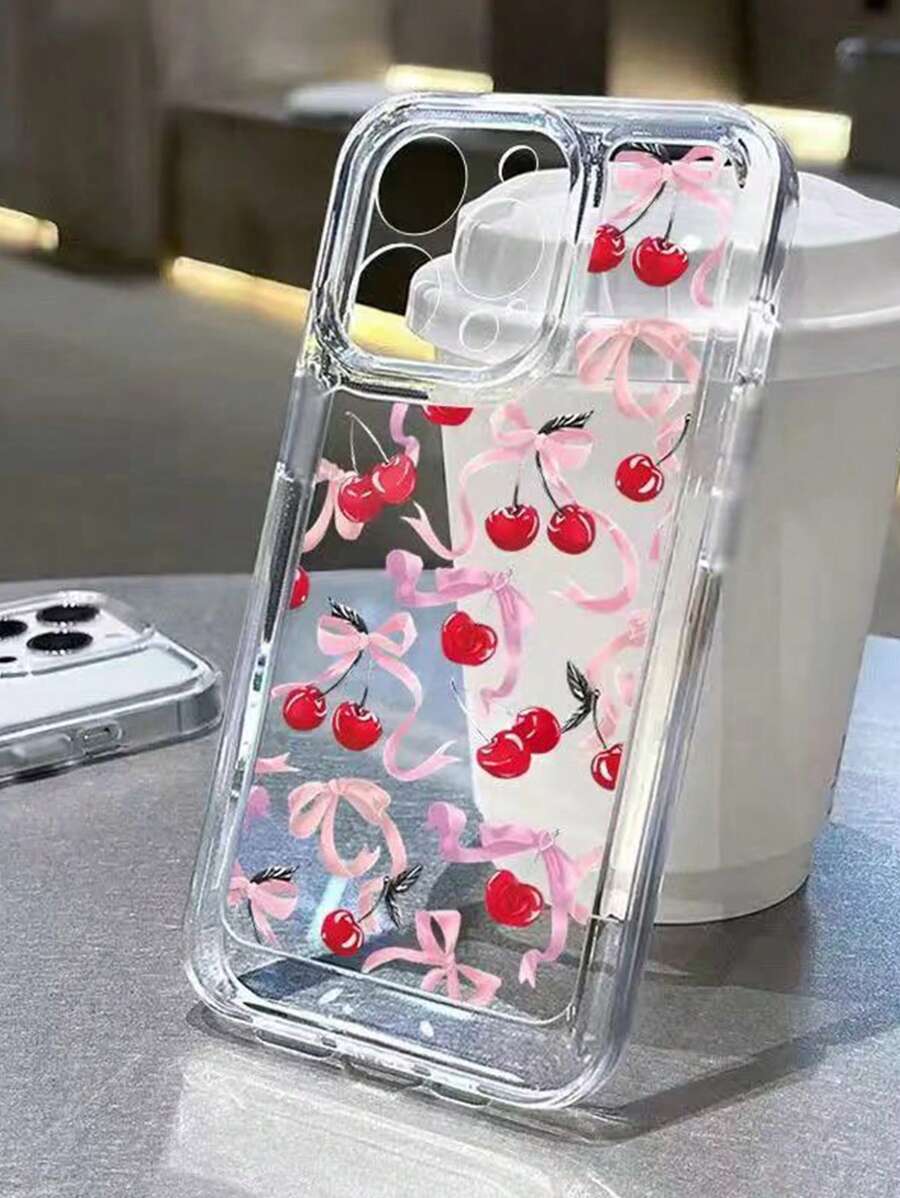 Phone Case 1pc Cherry Bow Pattern Transparent Full Protective TPU Anti-Drop Phone Case Compatible With Iphone 11 12 13 14 15 16 Pro Max - Multicolor - View 1