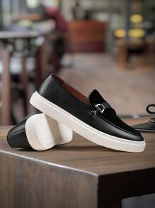 Men's Slip-On Loafers With Buckle Decor, Solid Color Round Toe, Thick Sole, Casual Flat Shoes, Minimalist Style, Suitable For Daily Wear And Streetwear, All Season, Black PU Leather - Black - View 3