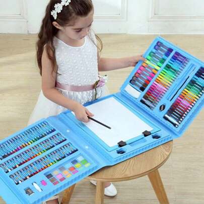208 pièces/set Ensemble d'outils à dessin pour enfants et étudiants, crayon de cire et stylo aquarelle lavable (accessoires de motifs et couleurs aléatoires), set de peinture pour débutants, cadeau de Noël pour les enfants, retour à l'école