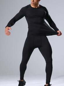 2 piezas Conjunto de ropa deportiva de compresión estilo novio, camiseta de capa base de manga larga para atletismo y mallas de gimnasio, conjunto de dos piezas estilo novio para hombre. - Negro - Ver 2