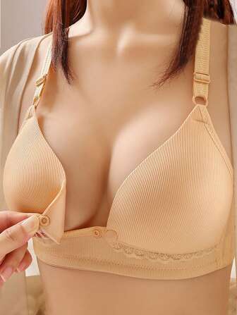 Pregnant Women's Solid Color Front-Closure Nursing Bra With Adjustable Shoulder Straps
