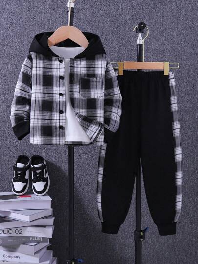 小男孩英伦假日风格格子拼布设计连帽夹克和格子拼布松紧腰慢跑裤套装，秋季