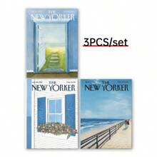 3 件套蓝色风景城市杂志复古印刷套装风景城市海报封面艺术