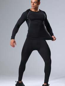 2pcs Boyfriend Style Men's Compression Running Suit Set, Long Sleeve Gym Baselayer Top And Tight Fitness Pants Set Boyfriend Style Men Two Pieces Outfits - Multicolor - View 2