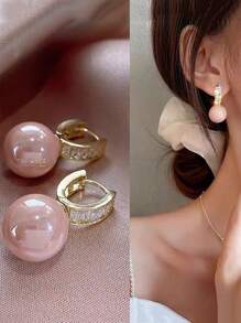 1對時尚高級粉色仿珍珠耳環，配飾鑽石 - 珍珠 - 查看 5