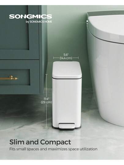 SONGMICS Bathroom Trash Can, 1.3 Gallon Small Trash Bin With Lid, Slim For Small Spaces, Stainless Steel Garbage Can, Soft Close, Black, White,Silver