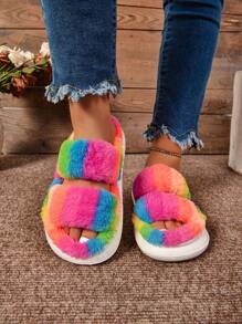 EVA New Women Fluffy Double Strap Colorful Thick Sole Anti-Slip Casual House Slippers