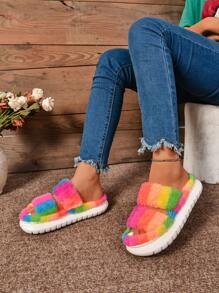 EVA New Women Fluffy Double Strap Colorful Thick Sole Anti-Slip Casual House Slippers