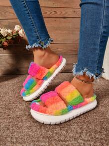 EVA New Women Fluffy Double Strap Colorful Thick Sole Anti-Slip Casual House Slippers