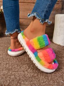 EVA New Women Fluffy Double Strap Colorful Thick Sole Anti-Slip Casual House Slippers