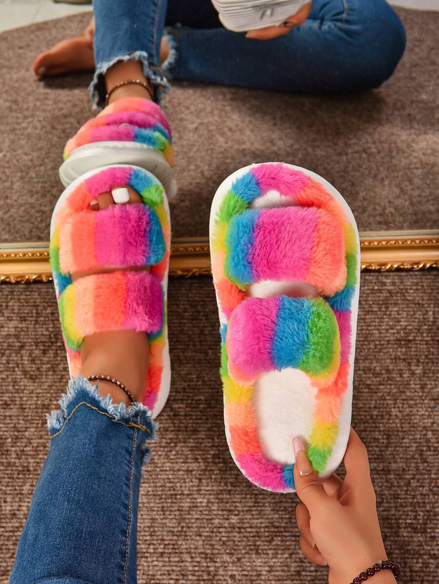 EVA New Women Fluffy Double Strap Colorful Thick Sole Anti-Slip Casual House Slippers