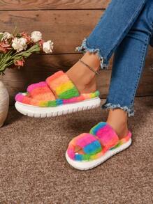 EVA New Women Fluffy Double Strap Colorful Thick Sole Anti-Slip Casual House Slippers