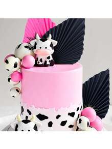 24 件粉色奶牛蛋糕装饰，生日奶牛蛋糕装饰，配粉色和白色泡沫球蛋糕装饰，可爱的微型奶牛雕像，粉色黑色棕榈叶纸扇，农场动物蛋糕装饰，适用于洗礼派对、生日派对、奶牛主题装饰、圣诞节 - 乳牛粉紅色 - 查看 5