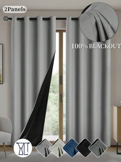 1入/2入組黑色隔熱遮光窗簾，配有塗層隔熱襯里，適用於客廳、臥室、廚房、浴室、家居裝飾、房間裝飾