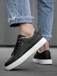 Men's Minimalist Style Black Detail Lace-Up Casual Sneakers, Comfortable Outdoor Sports Trainers