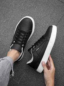 Men's Minimalist Style Black Detail Lace-Up Casual Sneakers, Comfortable Outdoor Sports Trainers