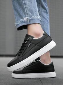 Men's Minimalist Style Black Detail Lace-Up Casual Sneakers, Comfortable Outdoor Sports Trainers