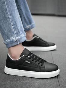 Men's Minimalist Style Black Detail Lace-Up Casual Sneakers, Comfortable Outdoor Sports Trainers