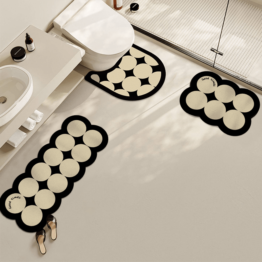 3pcs Diatomaceous Earth Bathroom Anti-Slip Mat Set, 1pc Shower Area Outside Anti-Slip Mat+1pc Toilet Side Water-Absorbing Mat+1pc Sink Bottom Waterproof Mat, Minimalist Black Background Beige Circular Geometric Pattern Print, 3.5mm New Thick Material For Comfortable Foot Feel, Strong Water Absorption And Non-Slip Performance, Suitable For Bathroom Anti-Slip Water Absorbing Mat, Durable, Easy To Clean.