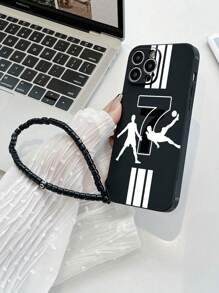 1 pieza Cordón negro de TPU con patrón de jugador N.º 7 Funda de teléfono resistente a golpes y 1 pieza Correa de muñeca de cadena de bola negra resistente al agua, a prueba de caídas y resistente a los arañazos