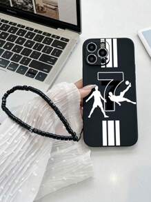1 pieza Cordón negro de TPU con patrón de jugador N.º 7 Funda de teléfono resistente a golpes y 1 pieza Correa de muñeca de cadena de bola negra resistente al agua, a prueba de caídas y resistente a los arañazos