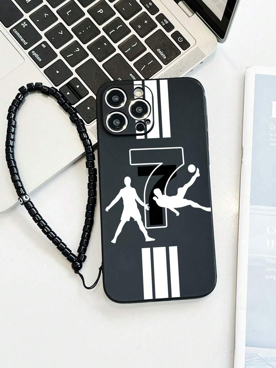 1 pieza Cordón negro de TPU con patrón de jugador N.º 7 Funda de teléfono resistente a golpes y 1 pieza Correa de muñeca de cadena de bola negra resistente al agua, a prueba de caídas y resistente a los arañazos