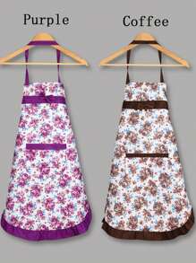 1 pezzo Grembiule in tessuto sottile con stampa floreale di rose e bordo in pizzo, elegante grembiule da cucina per vita da donne