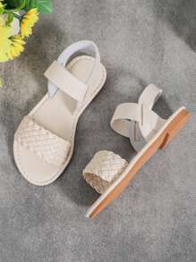 1pair Cream-Colored Roman Style Sandals For Infant And Toddler Girls, Knitted Back Strap, Wide Elastic Band, Round Toe, Flat Peep-Toe, Comfortable And Cute Beach Sandals Suitable For 3-12 Years Old Girls, Vacation, Casual, Outdoor, Party, Summer, Beach - Beige - View 7