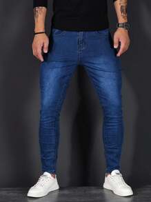 Men's Blue Slim Fit Distressed Stretch Denim Jeans - Blue - View 3