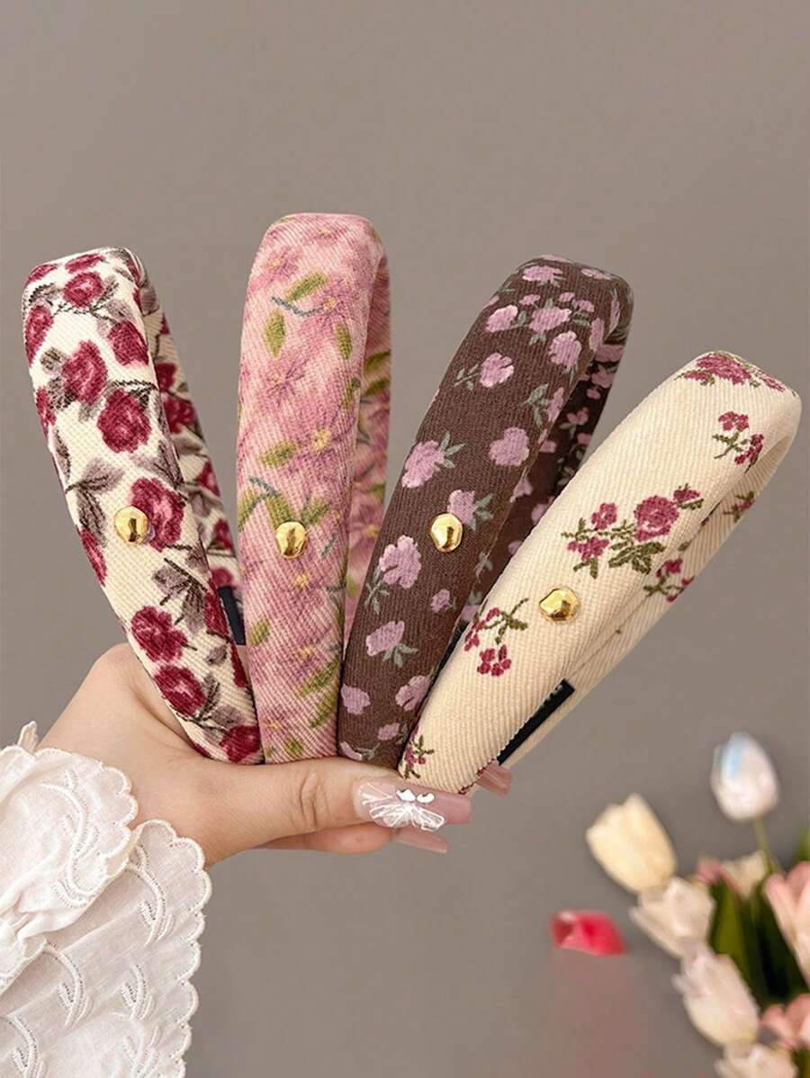 加厚海绵优雅法式花卉印花度假发箍、发带、发圈头饰 - 彩色 - 查看 1