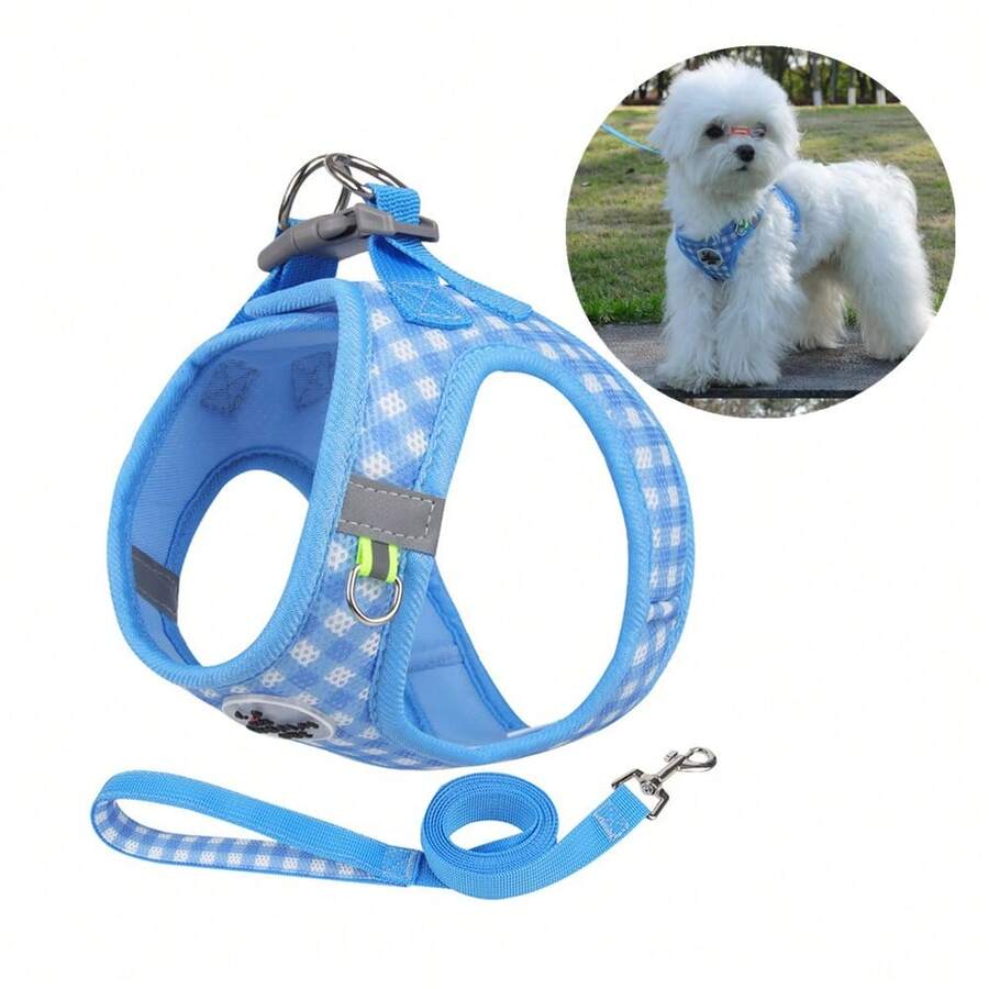 透氣格子狗狗胸衣牽引繩套裝，適用於小型犬，調節式貓狗胸衣馬爾濟斯狗吉娃娃哈巴狗獒犬比熊狗輕便背心外出行走牽引繩適合四季穿著。 - 藍色 - 查看 1