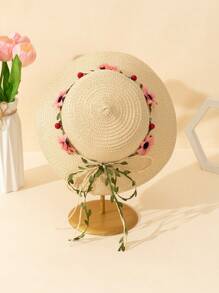 1pc Unisex Toddler Floral Wreath & Bow Decor Beige Floppy Sun Hat, Suitable For Summer Outdoor, Beach Vacation, UV Ion, Children Gift, Wedding Season - Beige - View 2