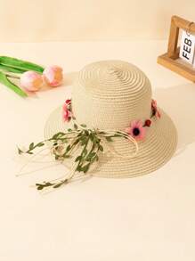 1pc Unisex Toddler Floral Wreath & Bow Decor Beige Floppy Sun Hat, Suitable For Summer Outdoor, Beach Vacation, UV Ion, Children Gift, Wedding Season - Beige - View 3
