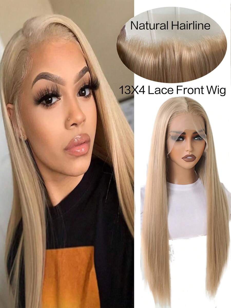 13x4 Golden Straight Synthetic Lace Front Wig Without Glue For Women, Pre-Plucked, Heat Resistant Fiber