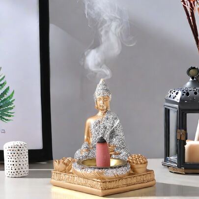 1 Tượng Phật ngồi bằng nhựa thủ công, Đồ trang trí nhà cửa, Tủ tivi, Đồ trang trí bàn lối vào (Không bao gồm cốc sắt)