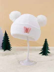 1 pieza Gorro de punto con pompón para bebé niña, gorro de bebé cálido con decoración de mariposa, gorro térmico de invierno - 1PC - Ver 9