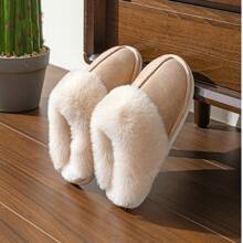 Women's New Simple Fashion Solid Color Home Slippers, Flat Anti-Skid Unisex Imitation Rabbit Fur Men's And Women's Slippers